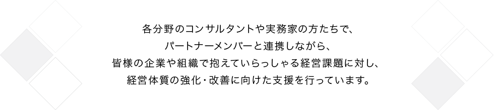 各分野のコンサルタントや実務家の方たちで、パートナーメンバーと連携しながら、
                                     皆様の企業や組織で抱えていらっしゃる経営課題に対し、経営体質の強化・改善に向けた支援を行っています。